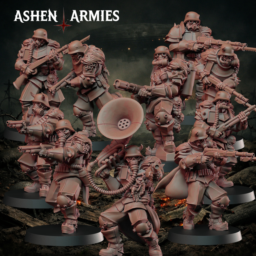 Ten Ashen Armies Hellbound Apostasy Heretic Trooper resin miniatures with gas masks and in a variety of poses. On a scenic background.