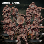 Ten Ashen Armies Hellbound Apostasy Heretic Trooper resin miniatures with gas masks and in a variety of poses. On a scenic background.