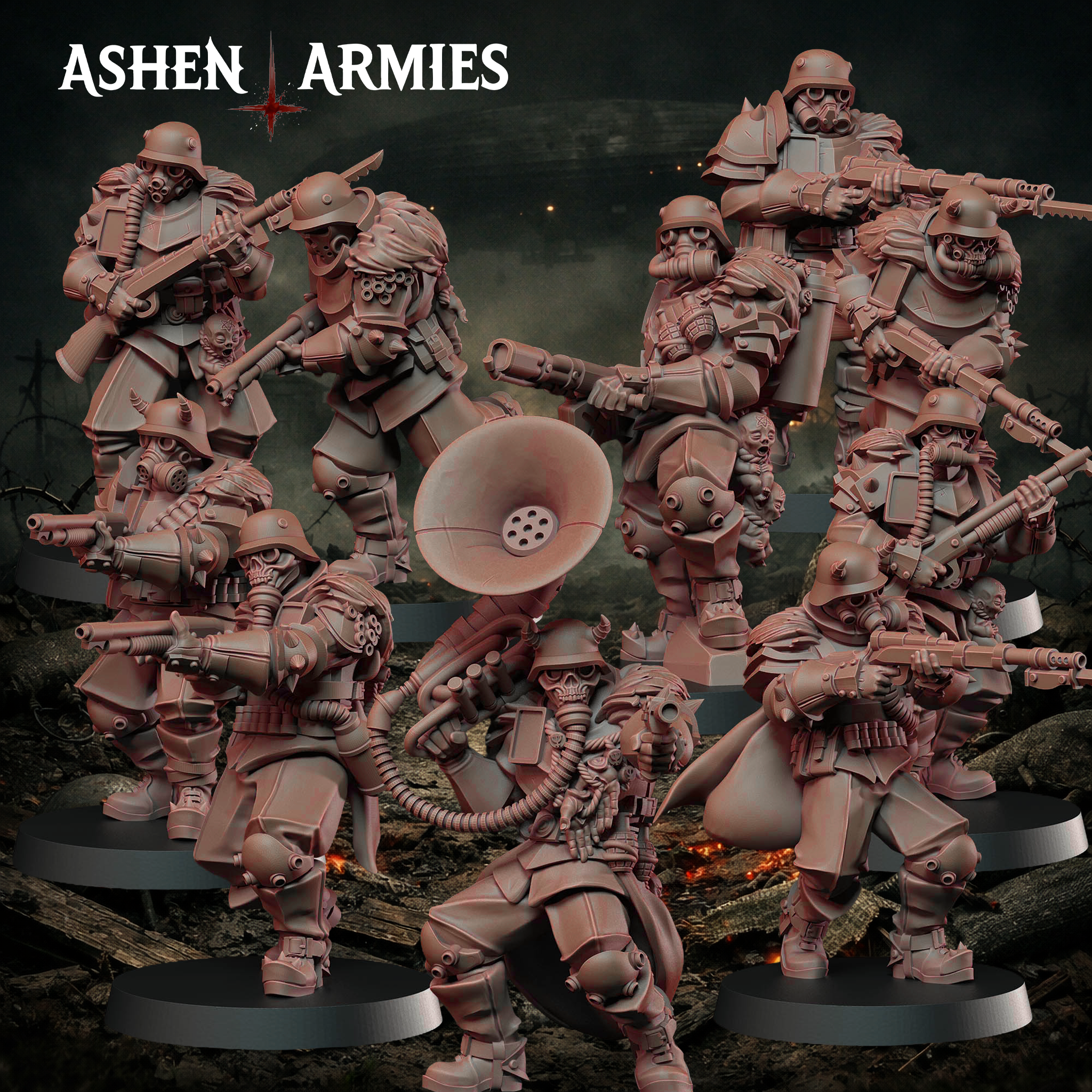 Ten Ashen Armies Hellbound Apostasy Heretic Trooper resin miniatures with gas masks and in a variety of poses. On a scenic background.
