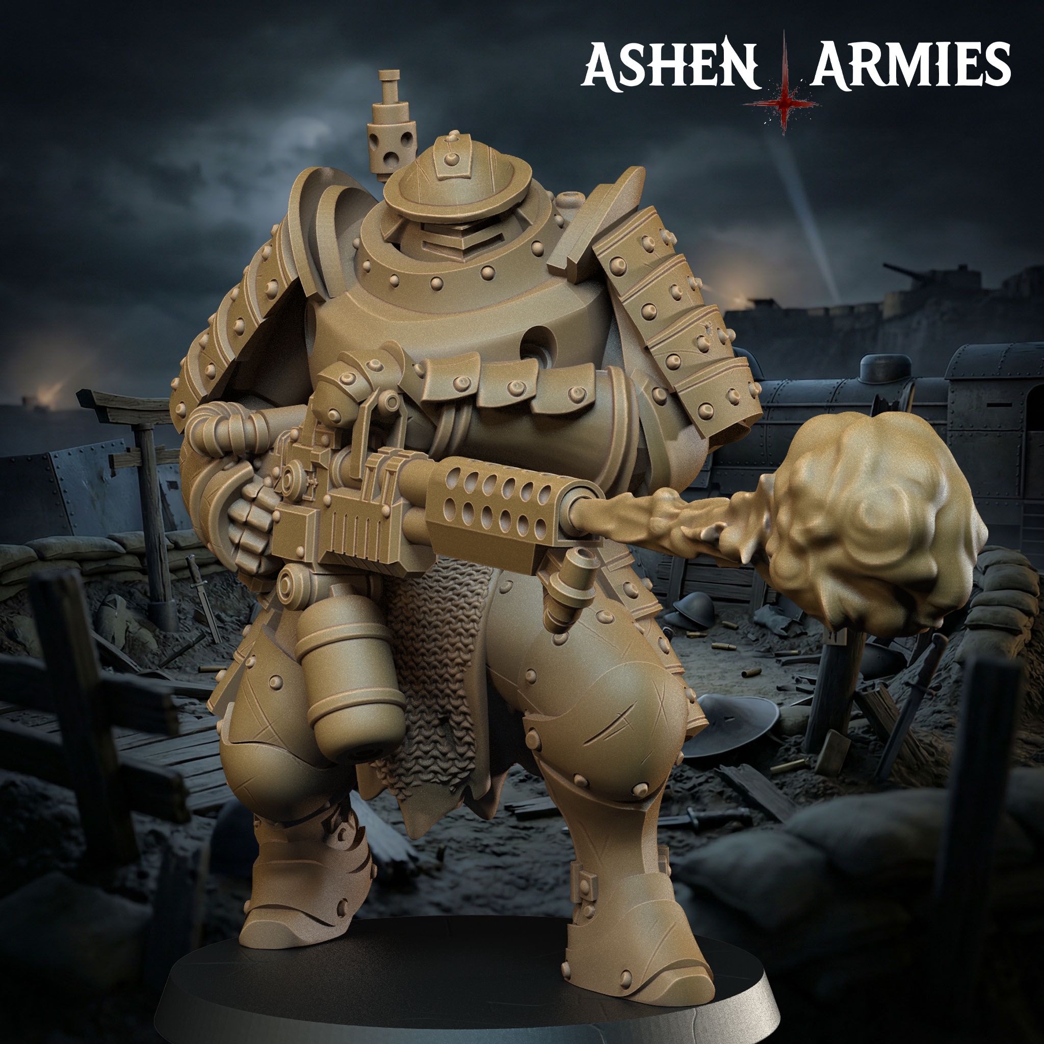 Ashen Armies Holy Shogunate Heavy Infantry (Flamethrower) resin miniature. Right view scenic background.
