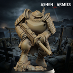 Ashen Armies Holy Shogunate Heavy Infantry (Shotgun) resin miniature. Front view scenic background.