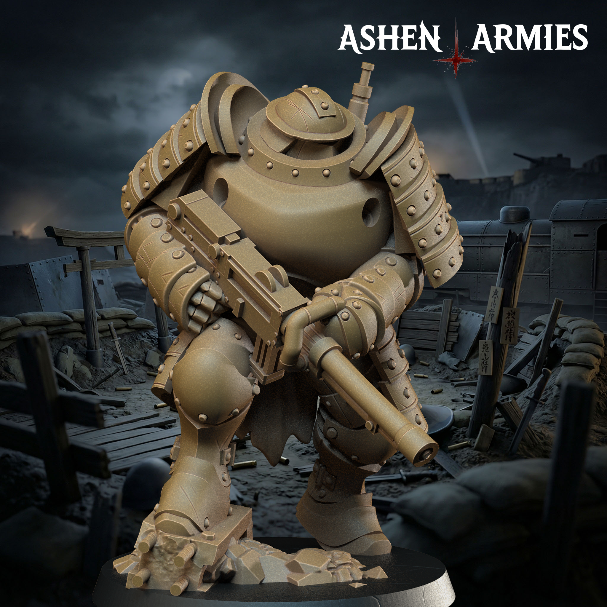 Ashen Armies Holy Shogunate Heavy Infantry (Shotgun) resin miniature. Front view scenic background.