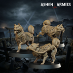 Three Ashen Armies Holy Shogunate Combat Dog resin miniatures in a variety of poses. Scenic background.
