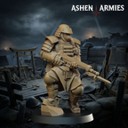 Ashen Armies Holy Shogunate Combat Engineer) resin miniature with gas mask and bayonet rifle. Front view scenic background.