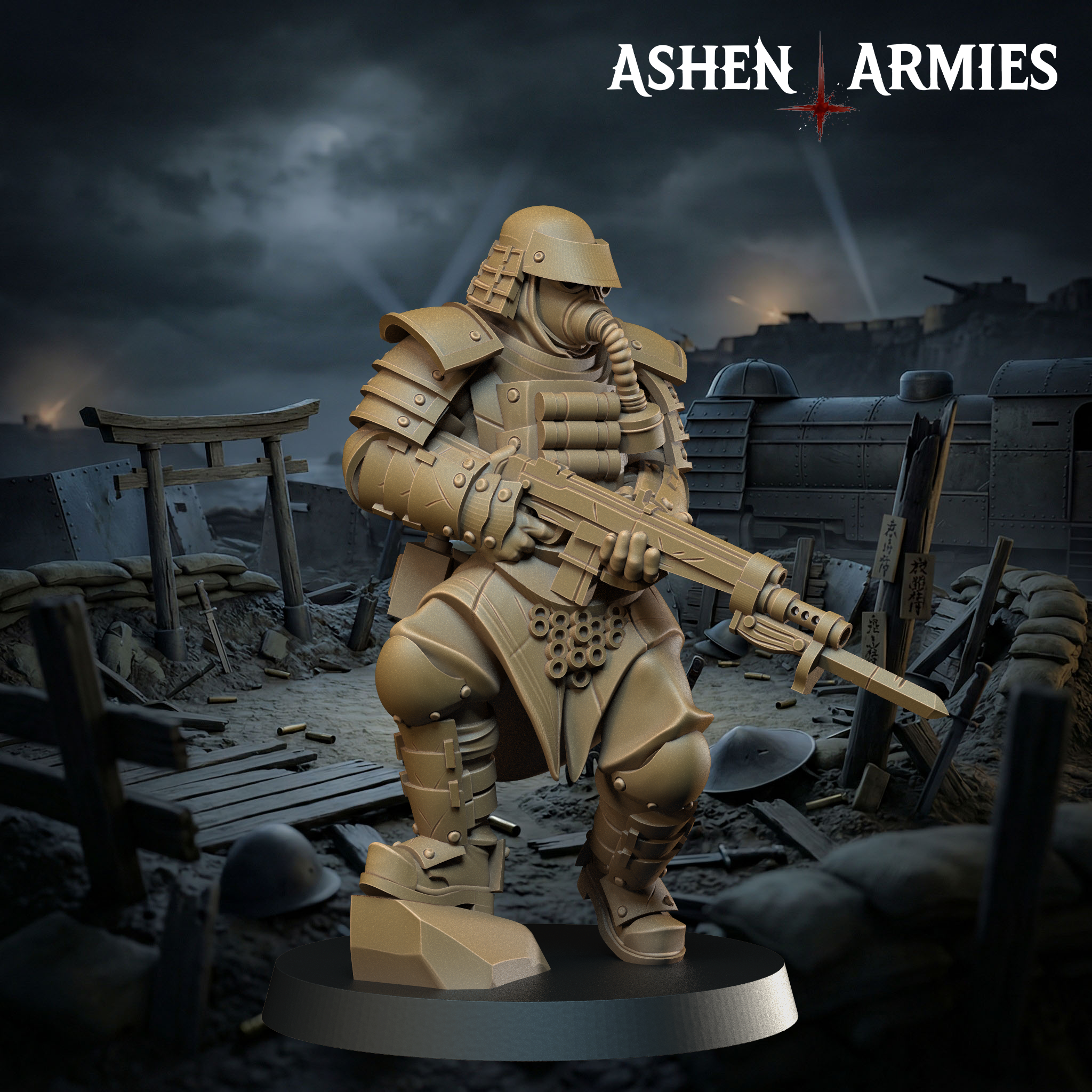 Ashen Armies Holy Shogunate Combat Engineer) resin miniature with gas mask and bayonet rifle. Front view scenic background.