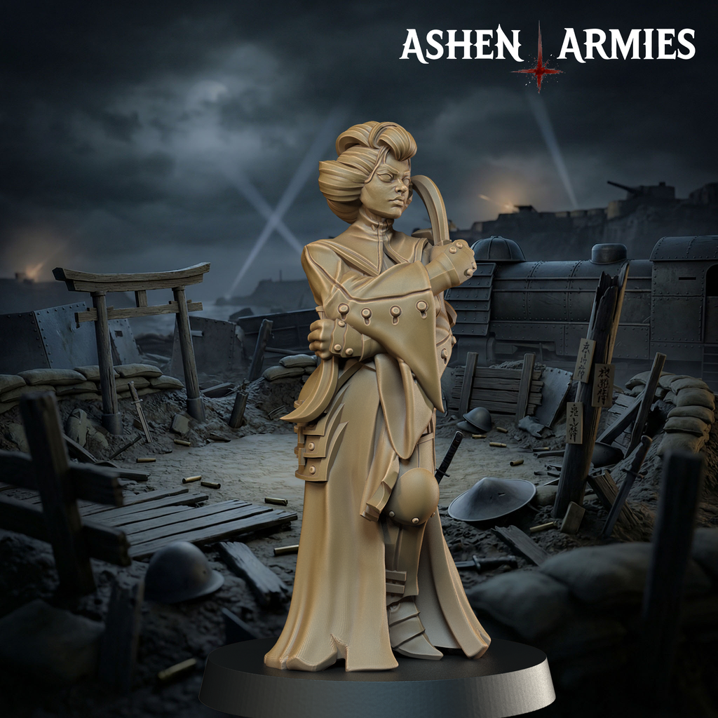 Ashen Armies Holy Shogunate Combat Medic resin miniature with bare face and two knives. Front view on scenic background.