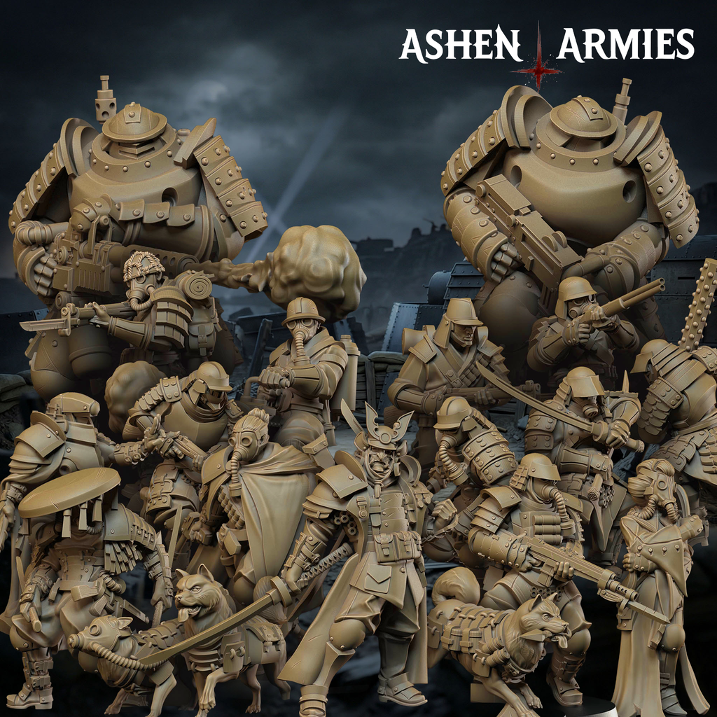 Nineteen piece Ashen Armies Holy Shogunate Warband resin miniatures in a variety of poses. Scenic background.
