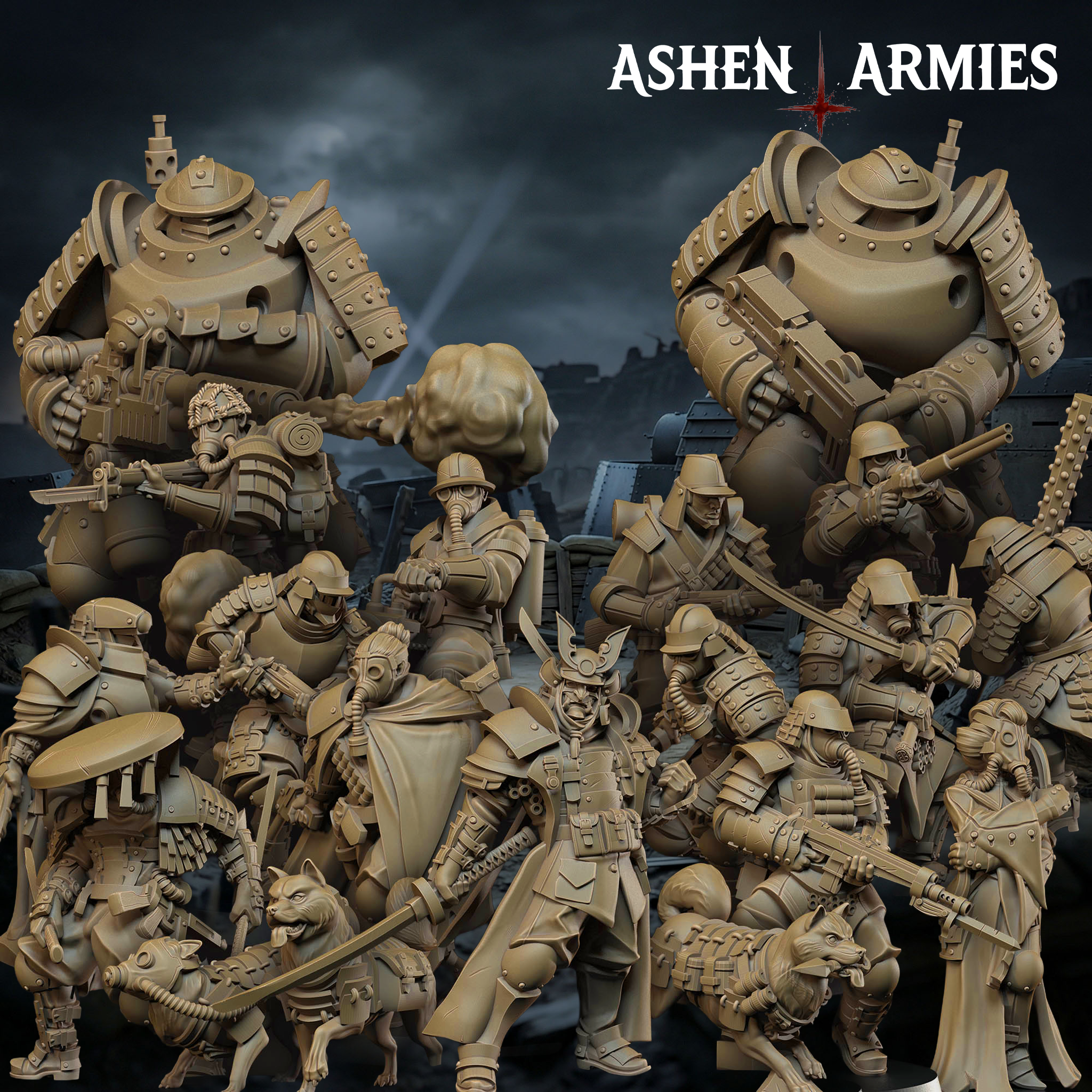 Nineteen piece Ashen Armies Holy Shogunate Warband resin miniatures in a variety of poses. Scenic background.