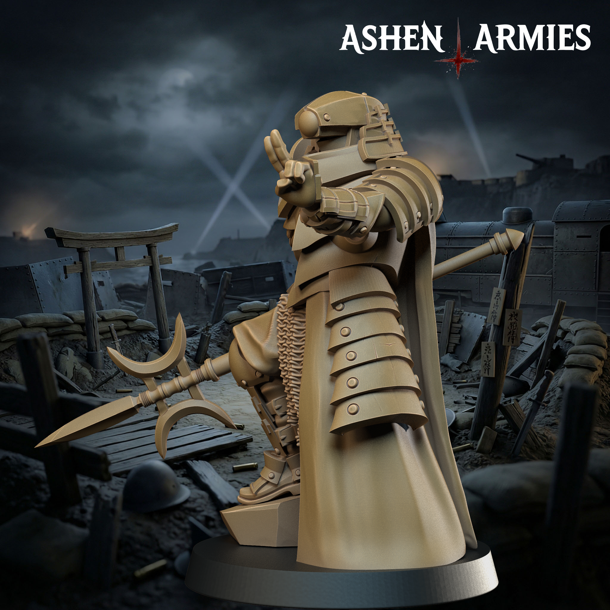 Ashen Armies Holy Shogunate Observer resin miniature with polearm, from the left with arm outstretched and two fingers raised. On a scenic background.