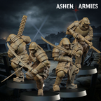 Four Ashen Armies Holy Shogunate Shock trooper resin miniatures in a variety of poses on a scenic background.