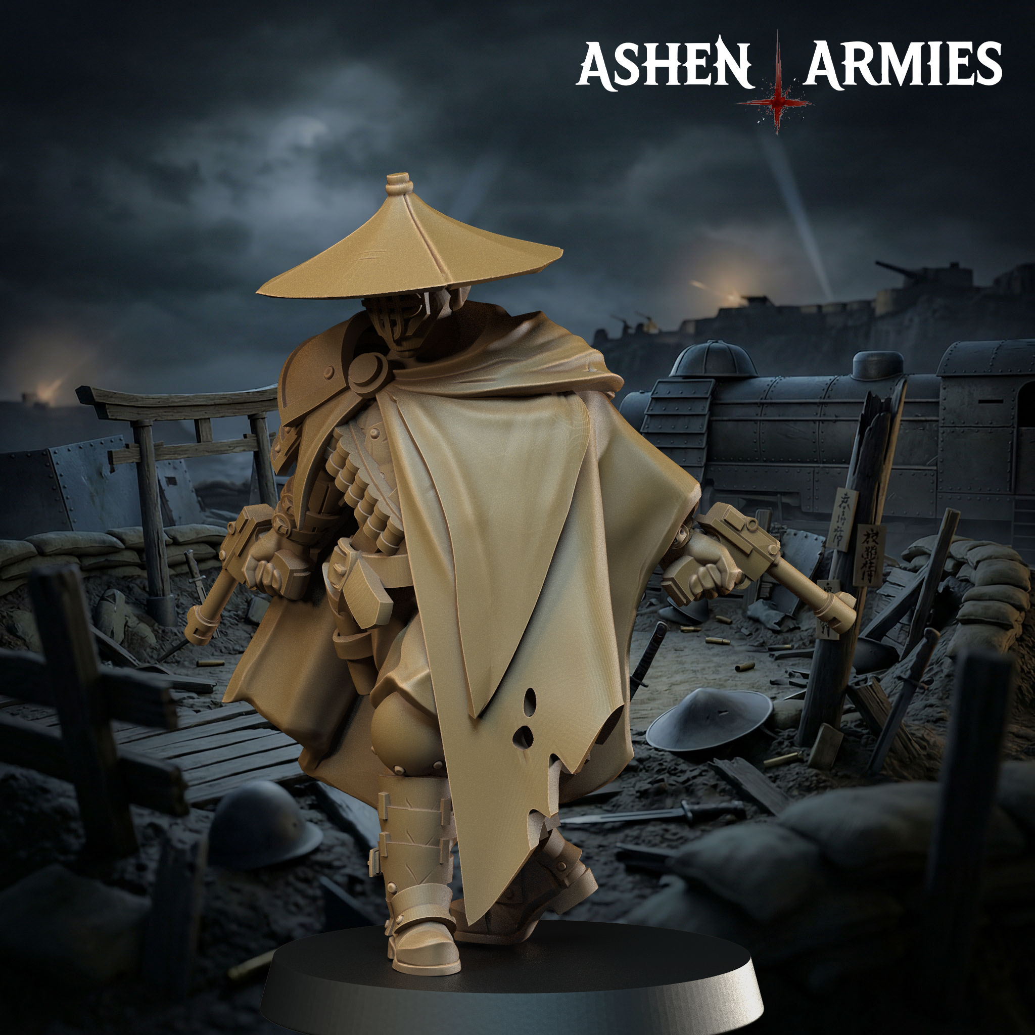 Ashen Armies Holy Shogunate Sniper Priest resin miniature with hat. Front view scenic background.