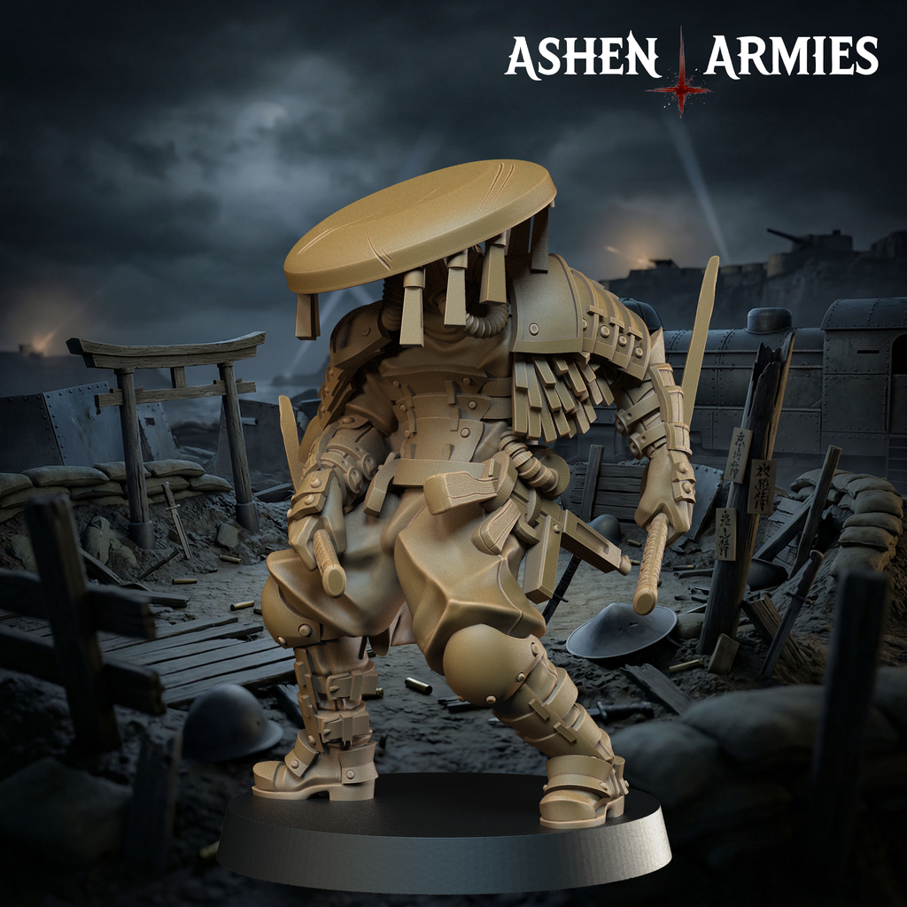 Ashen Armies Holy Shogunate Trench Cleric resin miniature with hat. Front view plain scenic background.
