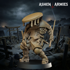 Ashen Armies Holy Shogunate Trench Cleric resin miniature with hat. Front view plain scenic background.