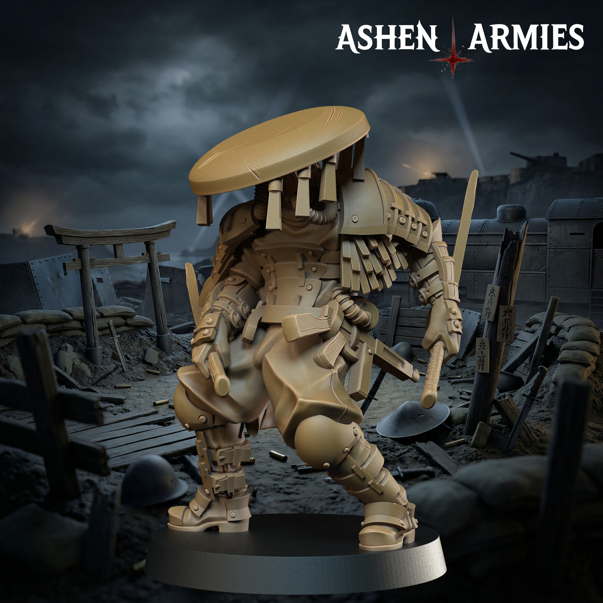 Ashen Armies Holy Shogunate Trench Cleric resin miniature with hat. Front view plain scenic background.