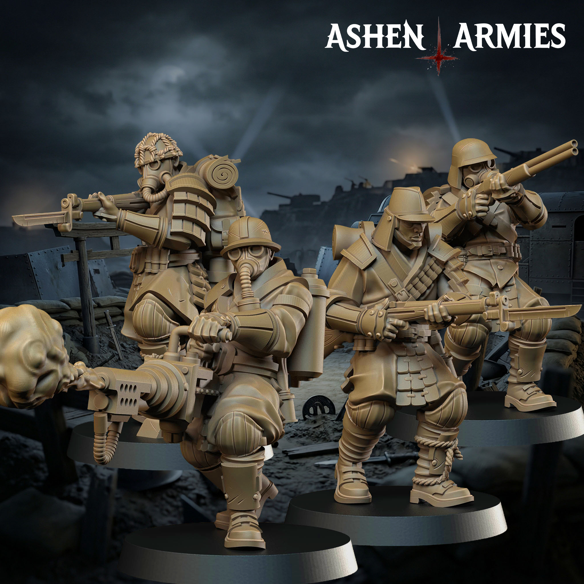 Four Ashen Armies Holy Shogunate Yeomen resin miniatures in a variety of poses on a scenic background.