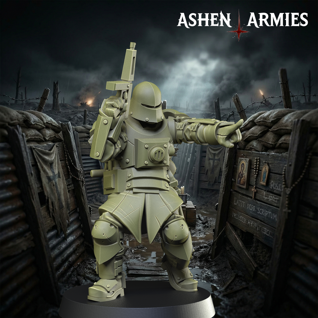Ashen Armies Sanctified Legion Combat Engineer resin miniature. Wearing a helmet. Front view, trench warfare background.