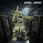 Ashen Armies Sanctified Legion Combat Engineer resin miniature. Wearing a helmet. Front view, trench warfare background.