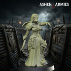 Ashen Armies Sanctified Legion Combat Medic resin miniature. Wearing gas mask. Front view. Trench warfare background.