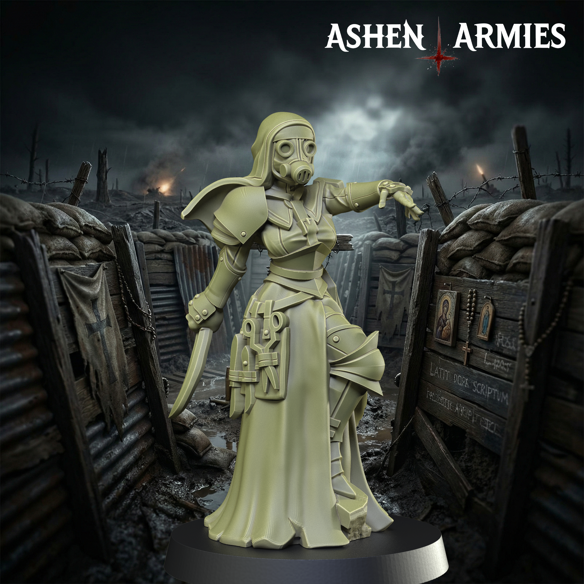 Ashen Armies Sanctified Legion Combat Medic resin miniature. Wearing gas mask. Front view. Trench warfare background.