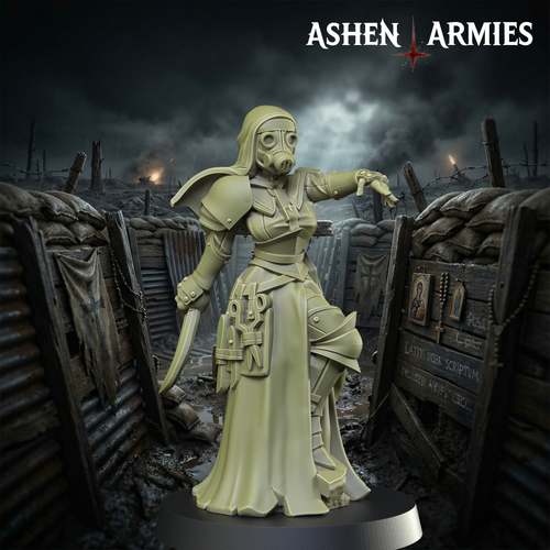 Ashen Armies Sanctified Legion Combat Medic resin miniature. Wearing gas mask. Front view. Trench warfare background.