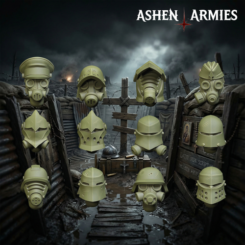 Set of 12 different heads from the Ashen Armies Sanctified Legion warband. Shown on a scenic backdrop.