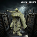 Ashen Armies Sanctified Legion Sniper Priest resin miniature. Holding a pistol. Front view with added trench warfare background.