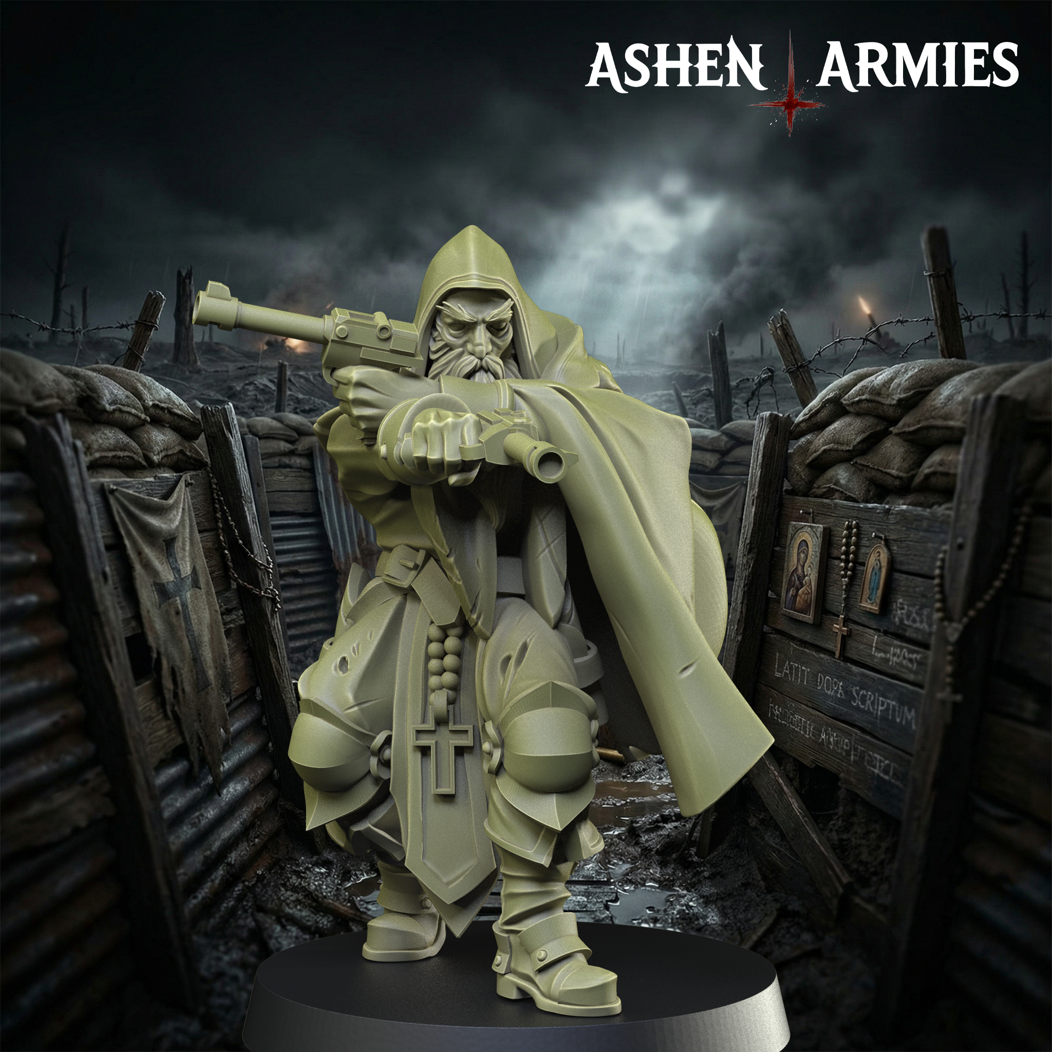 Ashen Armies Sanctified Legion Sniper Priest resin miniature. Holding a pistol. Front view with added trench warfare background.