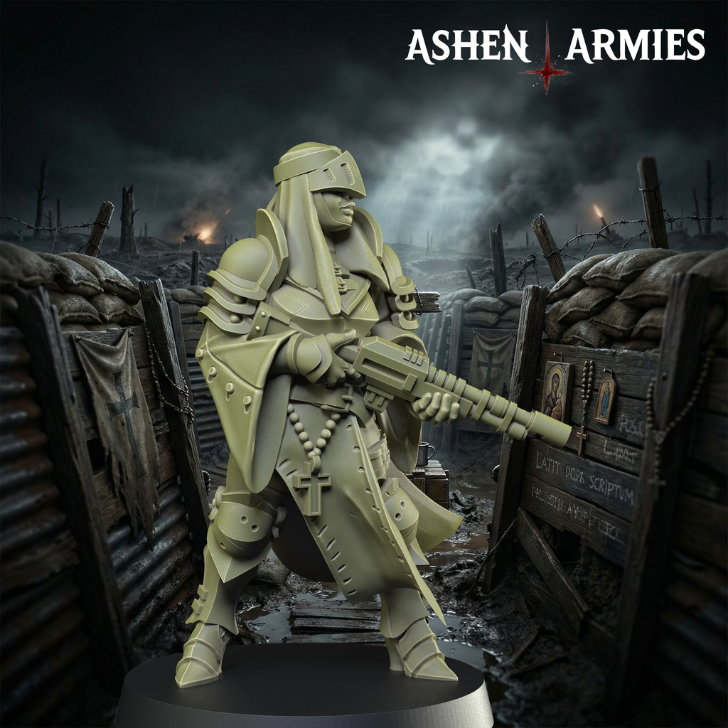 Ashen Armies Sanctified Legion Sniper Priest resin miniature, wearing a helmet. Side view.