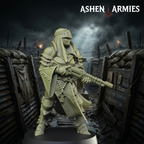 Ashen Armies Sanctified Legion Sniper Priest resin miniature, wearing a helmet. Side view.