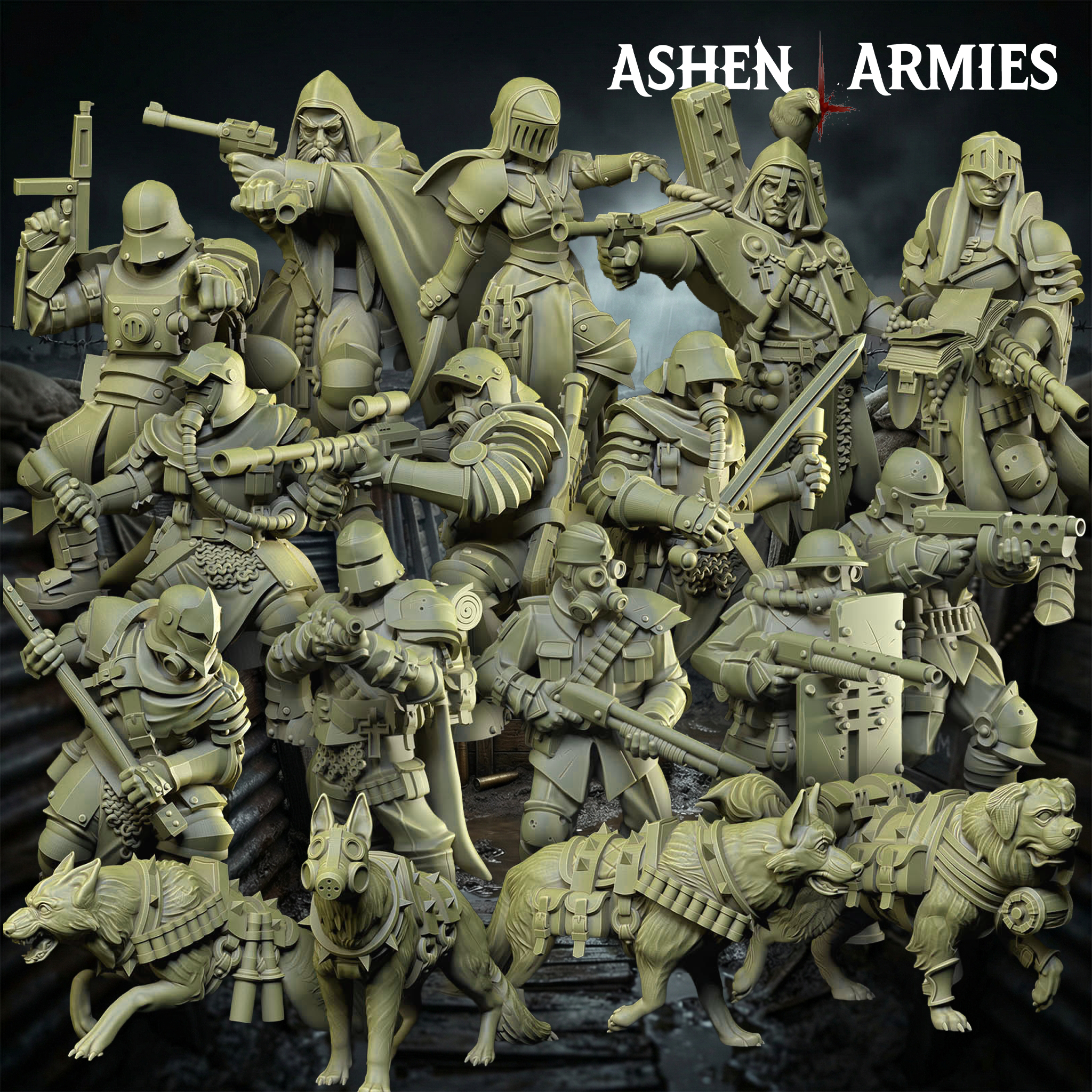 Ashen Armies Sanctified Legion Warband resin miniatures. Trench Crusade Warband set in various poses.