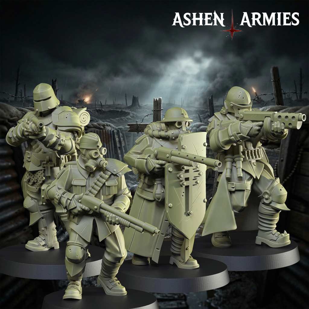 Ashen Armies Holy Shogunate Yeomen resin miniatures displaying set of four. Trench warfare background.
