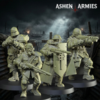 Ashen Armies Holy Shogunate Yeomen resin miniatures displaying set of four. Trench warfare background.