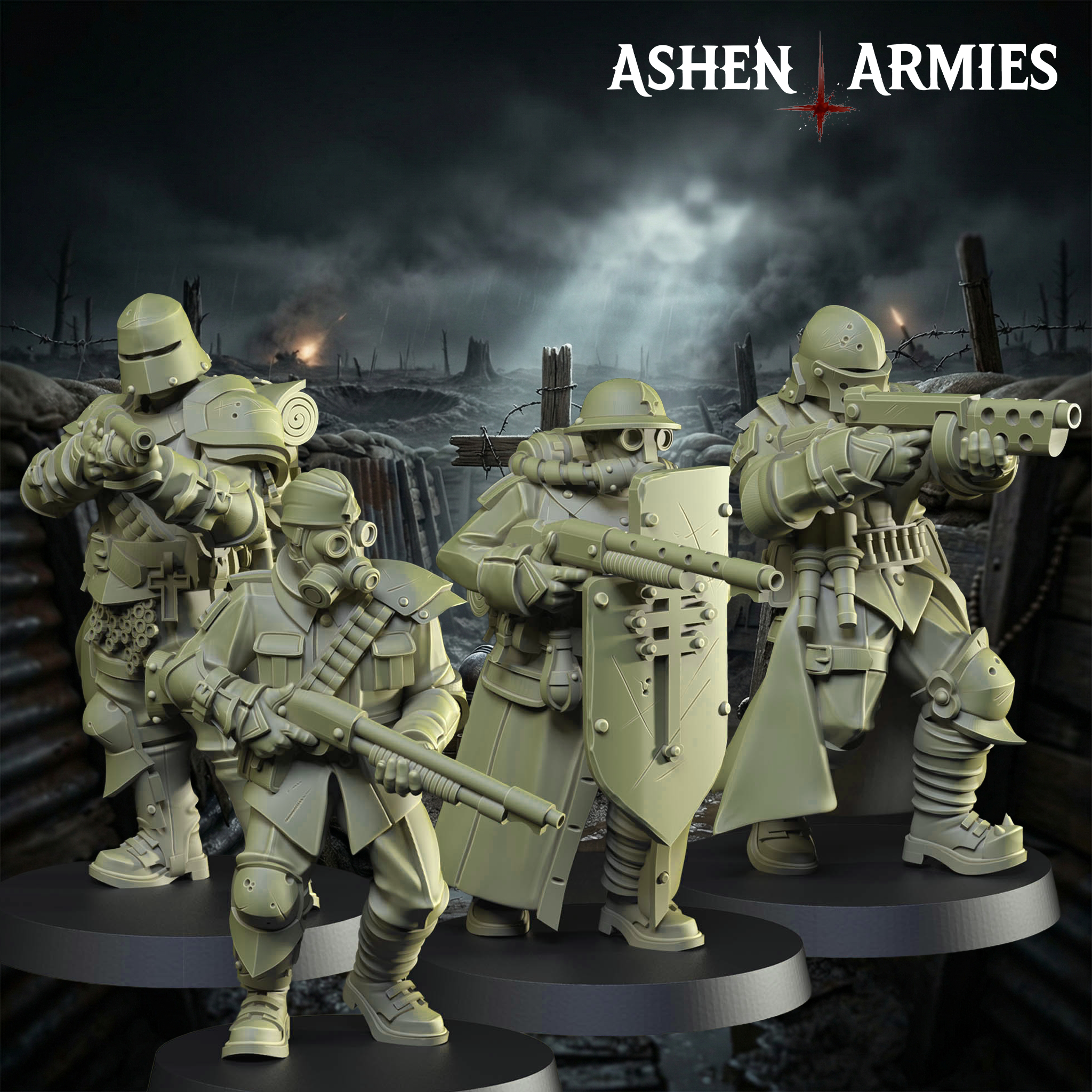 Ashen Armies Holy Shogunate Yeomen resin miniatures displaying set of four. Trench warfare background.