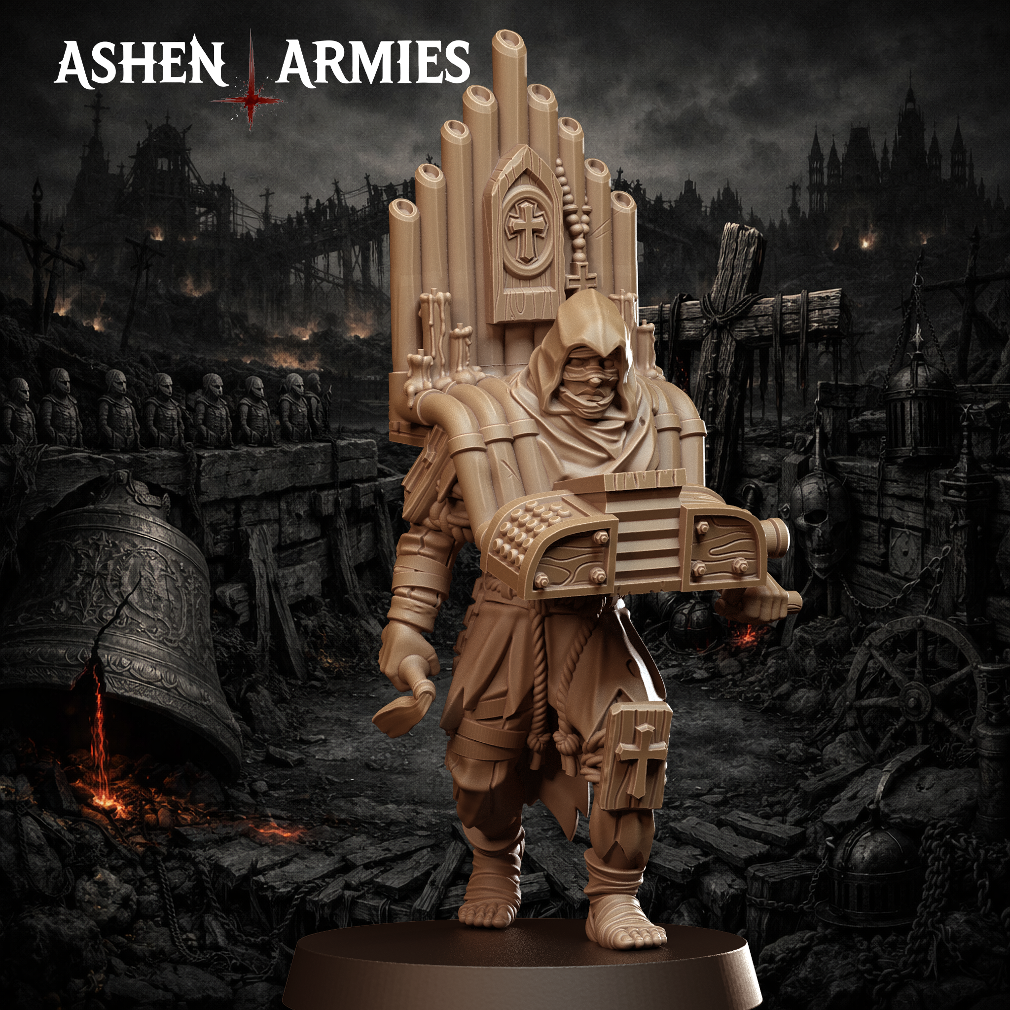Ashen Armies Bleeding Procession Musician Pilgrim resin miniature with organ and hood