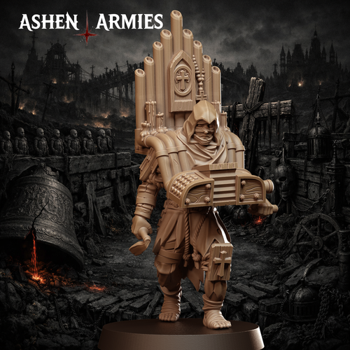 Ashen Armies Bleeding Procession Musician Pilgrim resin miniature with organ and hood