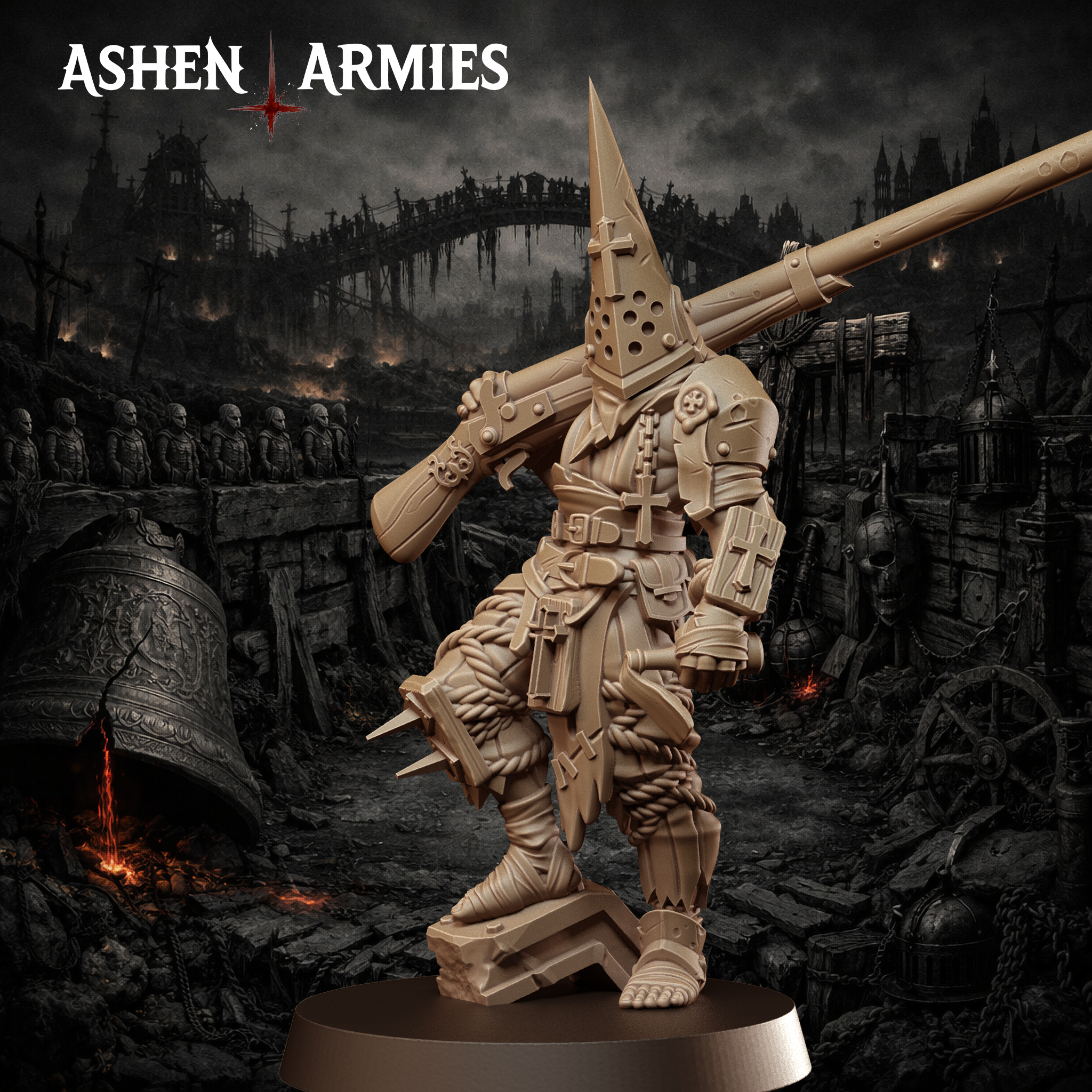 Ashen Armies Bleeding Procession Pilgrim resin miniature with a capirote head.