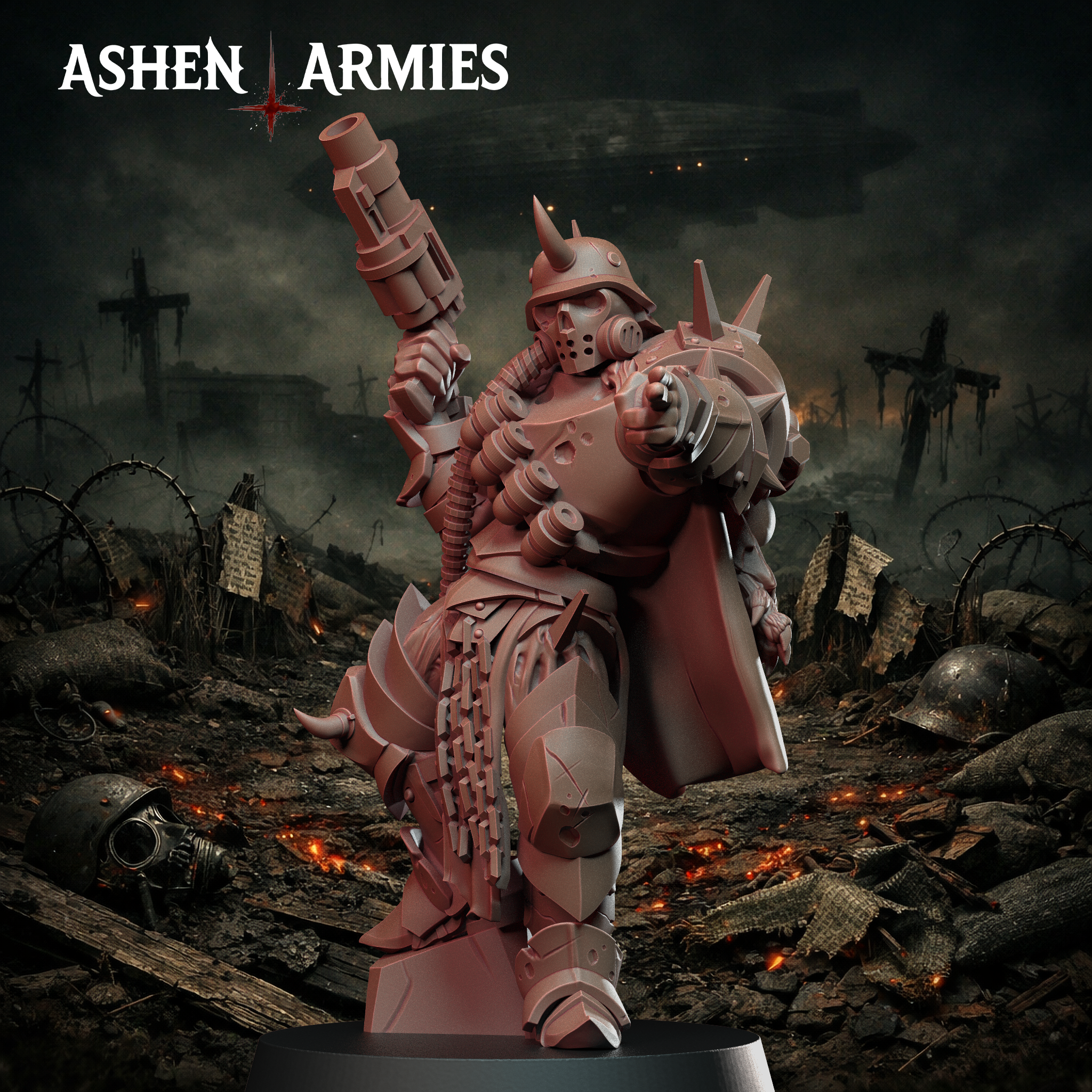 Ashen Armies Hellbound Apostasy Anointed resin miniature with grenade launcher and gas mask. Pointing and posing.
