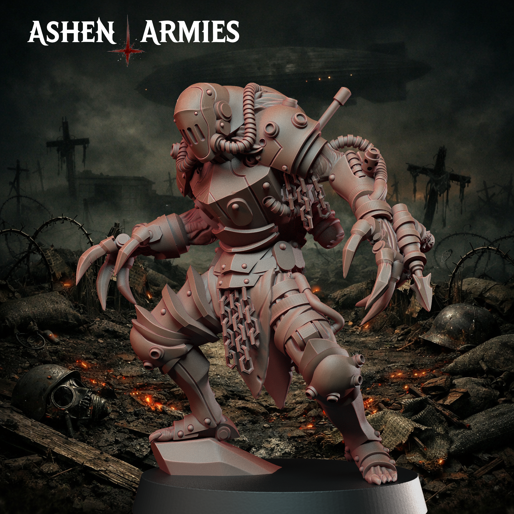 Ashen Armies Hellbound Apostasy Heretic Death Commando resin miniature. From front, one foot on rock