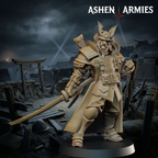 Ashen Armies Holy Shogunate Lieutenant resin miniature with oni mask and katana. Front view scenic background.