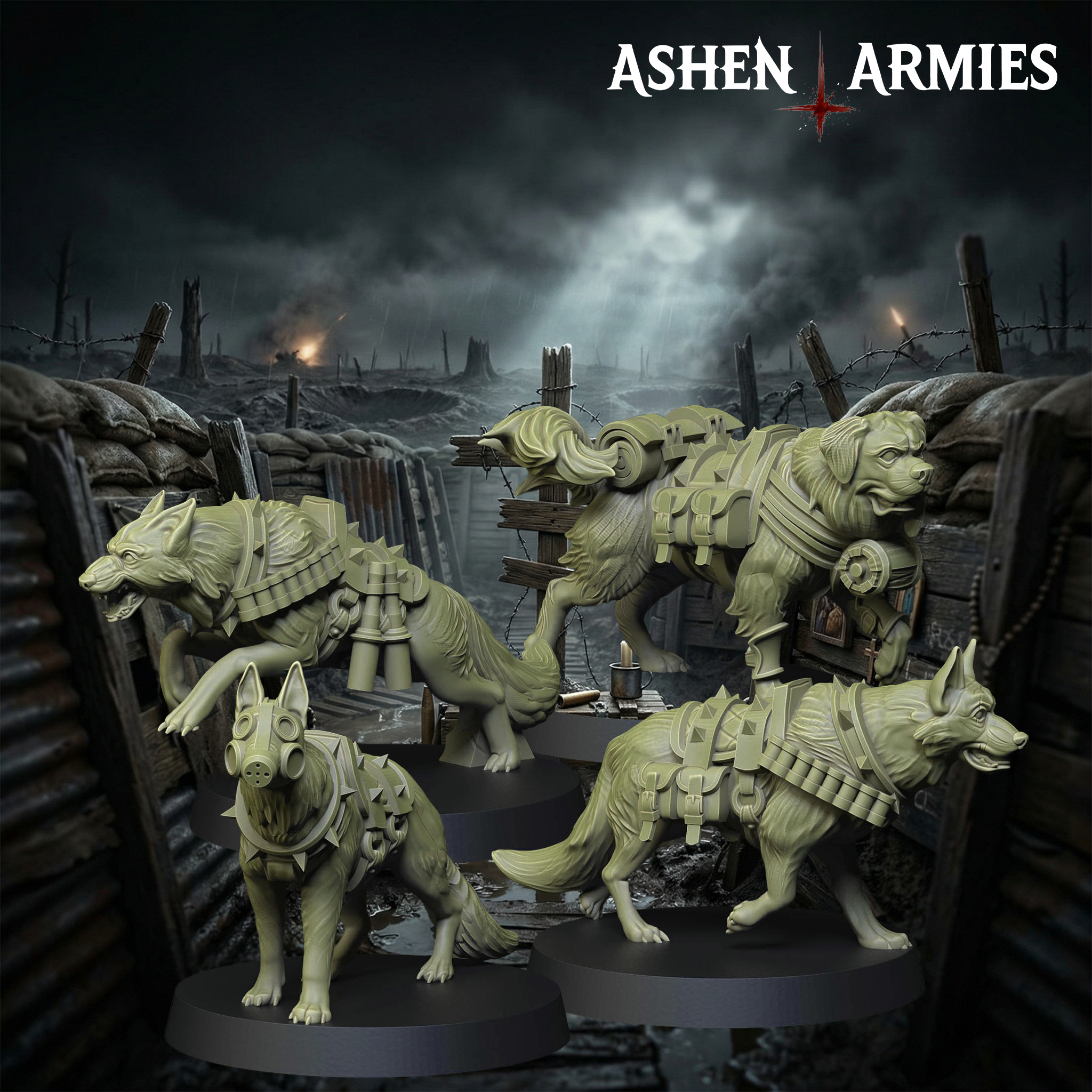 Ashen Armies Sanctified Legion Combat Dogs resin miniatures. Shows set of four.