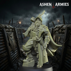 Ashen Armies Sanctified Legion Lieutenant resin miniature. Raised leg resting on rock. Trench warfare background.