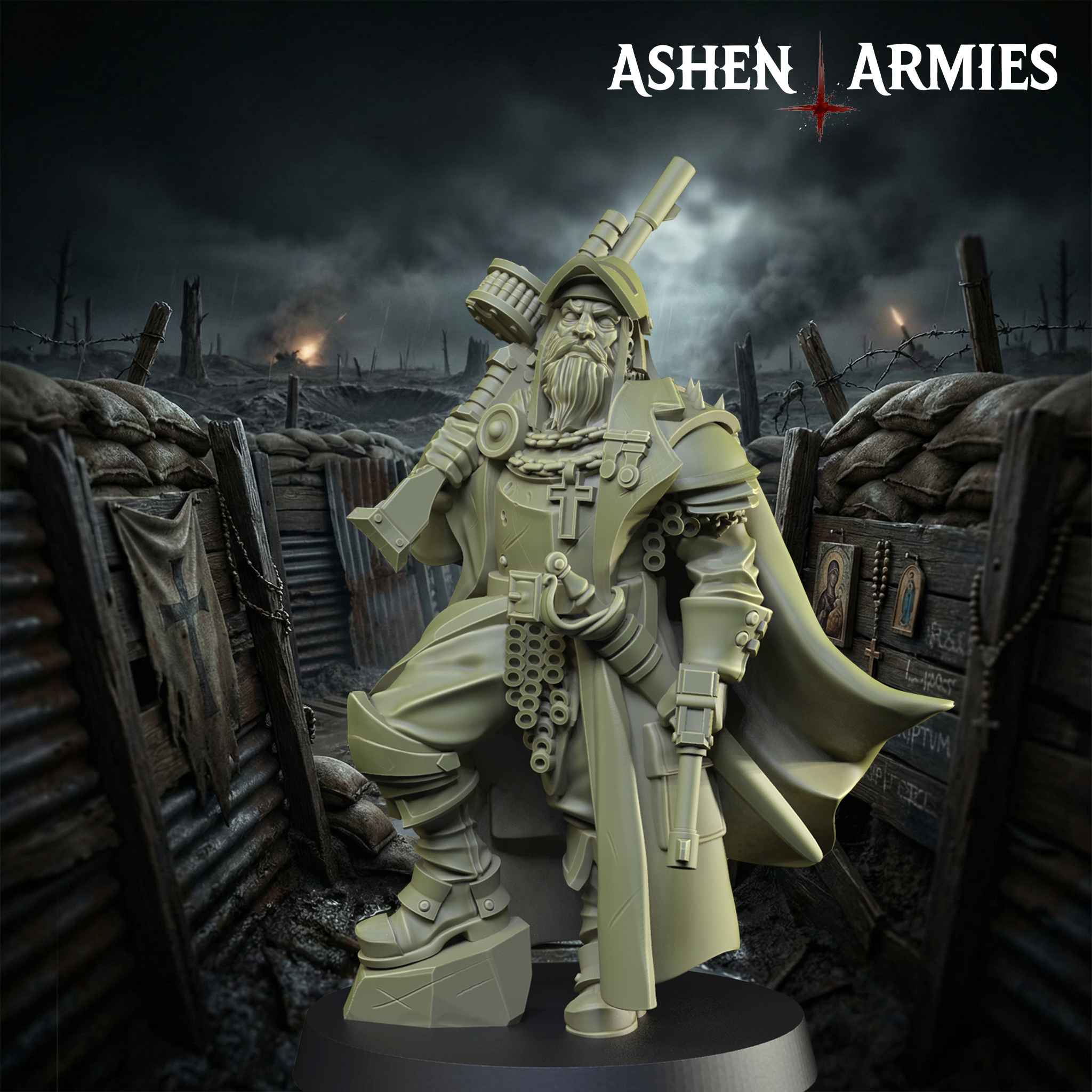 Ashen Armies Sanctified Legion Lieutenant resin miniature. Raised leg resting on rock. Trench warfare background.