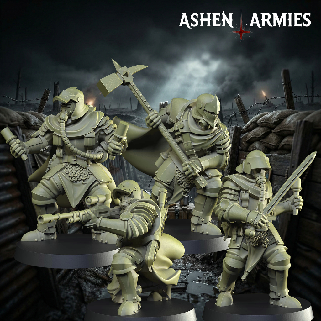 Ashen Armies Sanctified Legion Shocktroopers resin miniatures. Showing set of four.