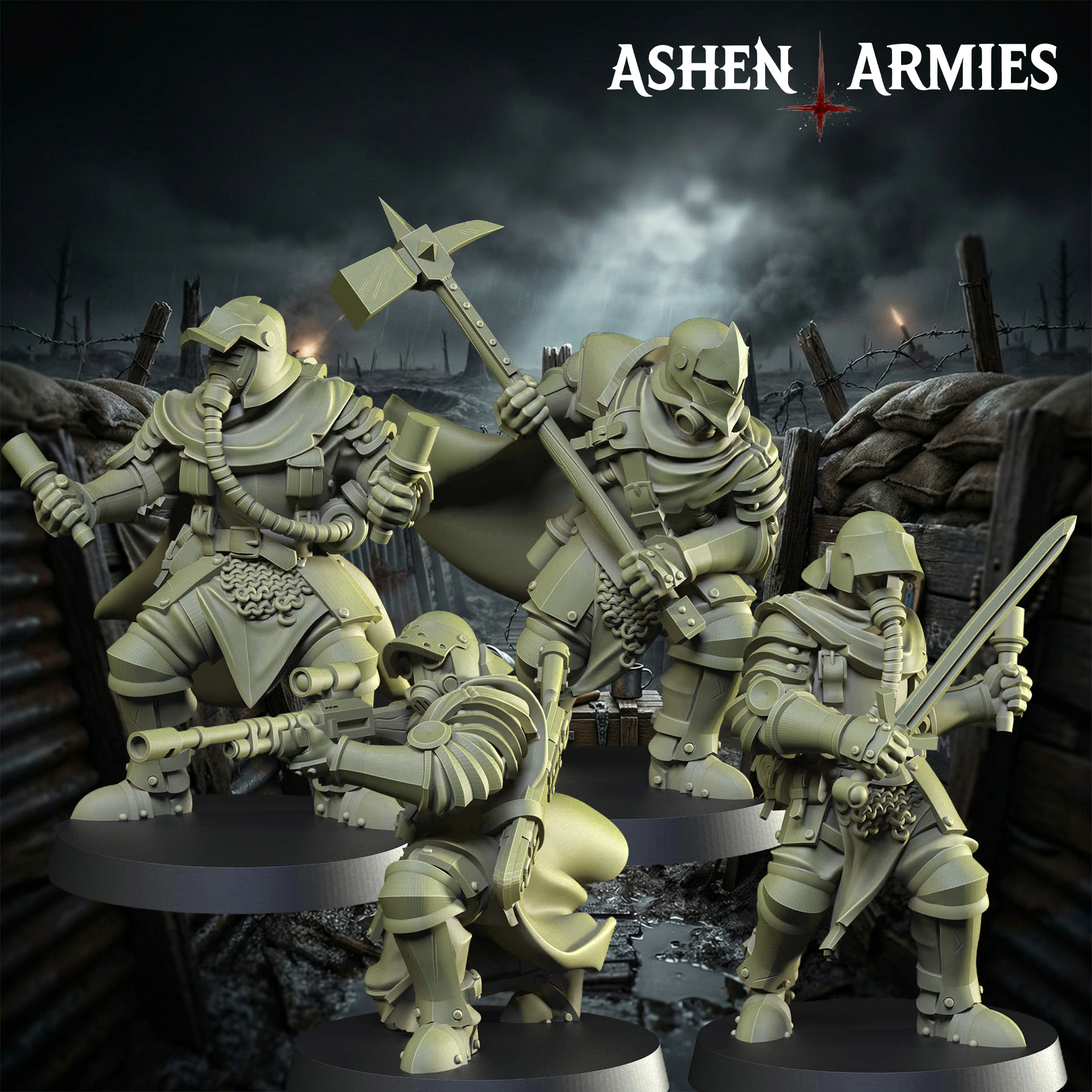 Ashen Armies Sanctified Legion Shocktroopers resin miniatures. Showing set of four.