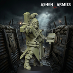 Ashen Armies Sanctified Legion Trench Cleric resin miniature. With an gasmask head and crow.