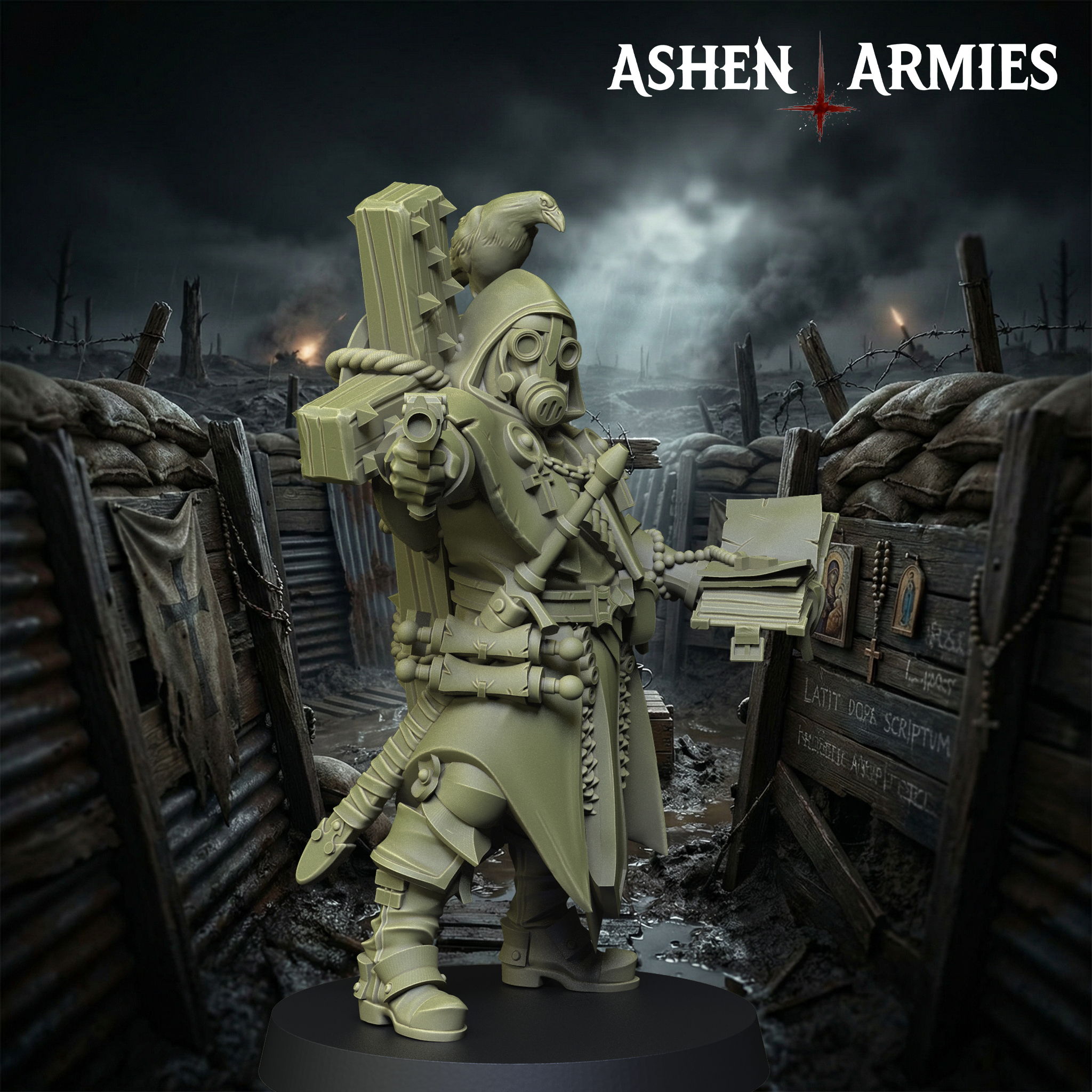 Ashen Armies Sanctified Legion Trench Cleric resin miniature. With an gasmask head and crow.