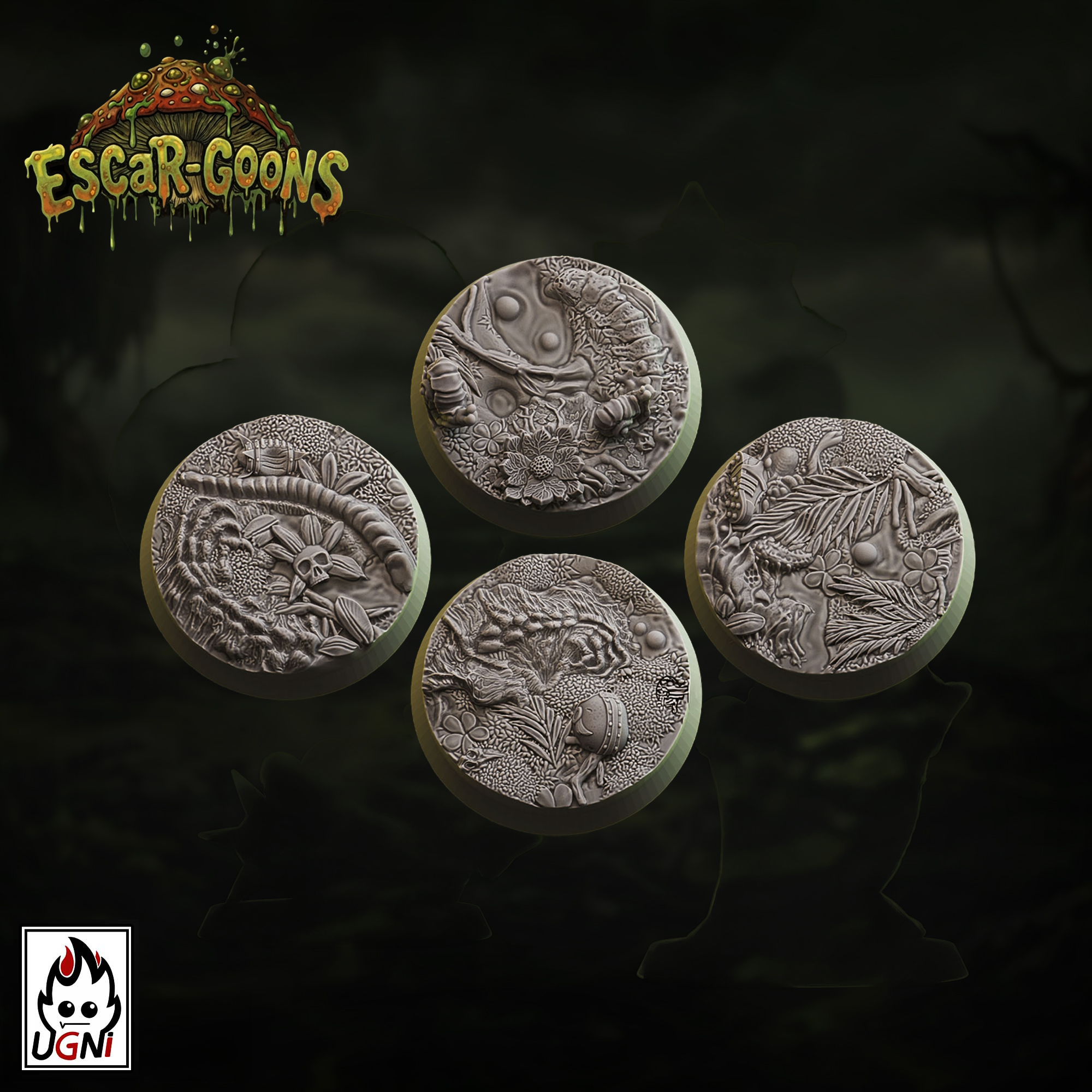 UGNI Miniatures Escar-Goons resin bases  4 x 32mm round. Foliage and skulls
