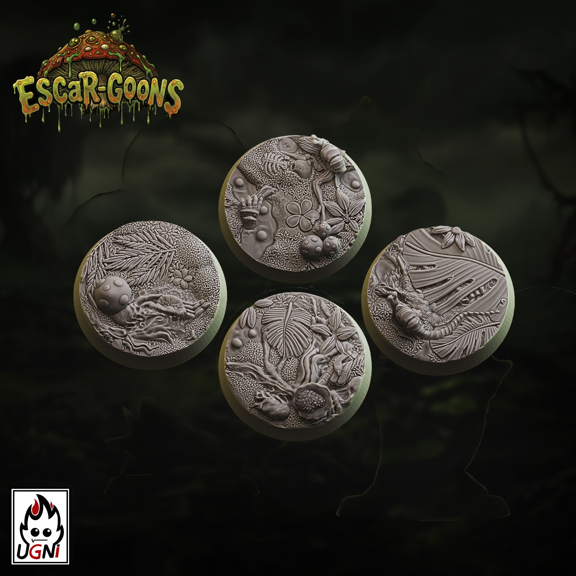 UGNI Miniatures Escar-Goons resin bases  4 x 32mm round. Foliage and snails