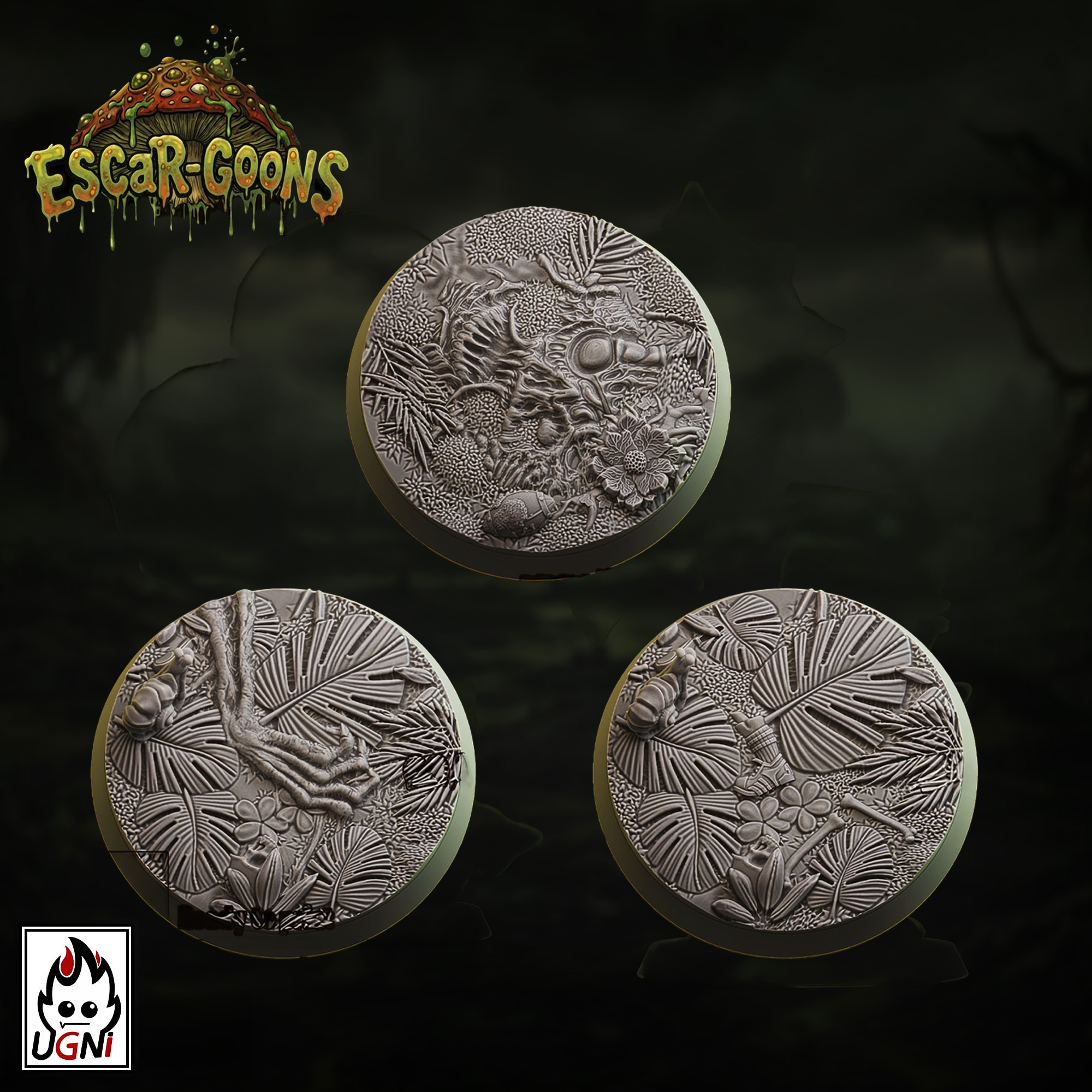 UGNI Miniatures Escar-Goons resin bases  3 x 40mm round. Foliage and skulls