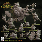 UGNI Miniatures Escar-goons resin miniatures showing core team including troll and snail wagon
